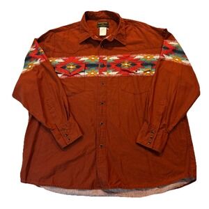 Rustler Western Snap Shirt Mens 2X Orange Aztec Print Long Sleeve Cowboy